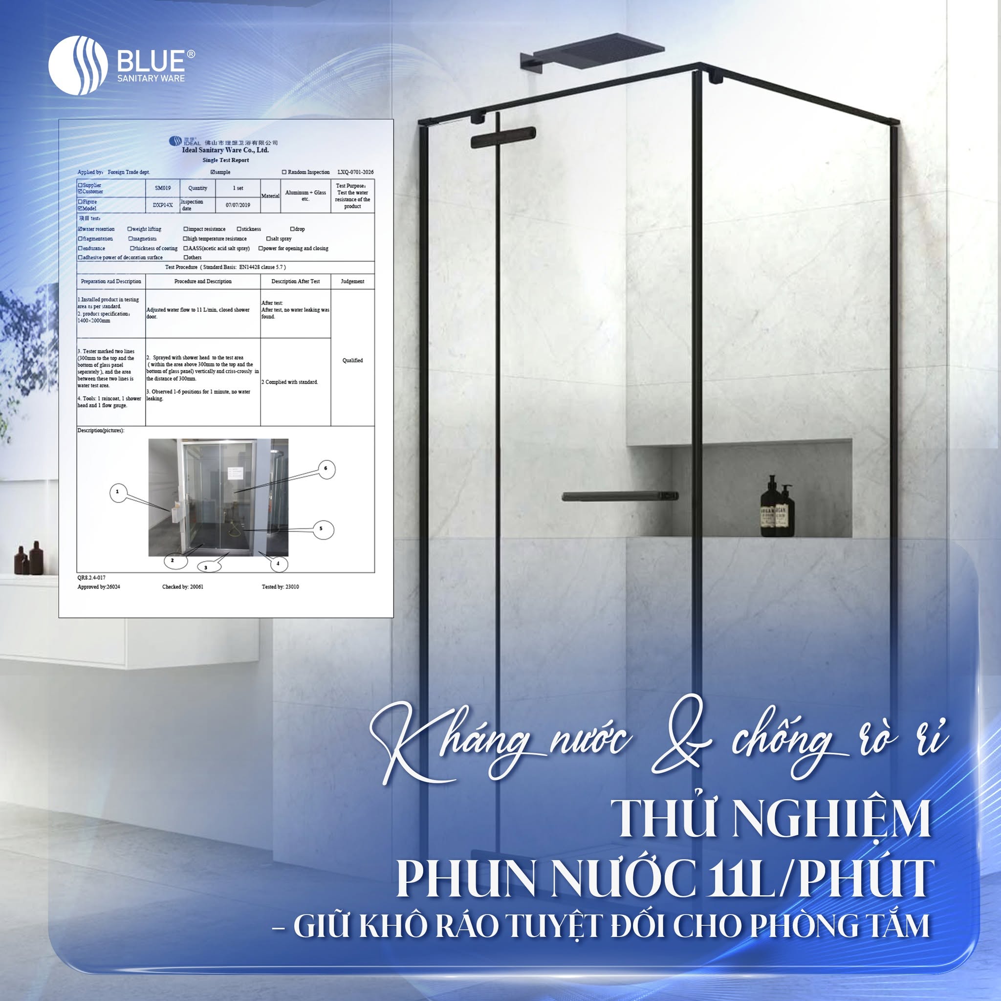 Bề mặt hoàn thiện bền chắc của vách tắm kính cao cấp Blue Sanitary
